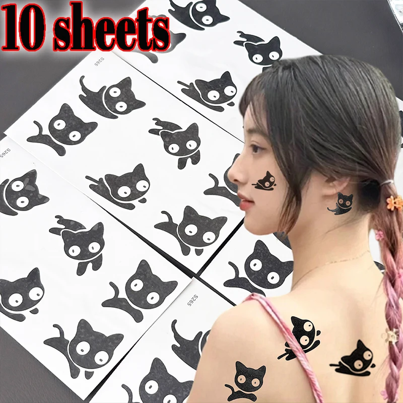 Waterproof Temporary Tattoos Stickers Cute Black Kitten Semi Permanent Tattoo Sticker for Neck Hand Back Foot Shoulder Women Men