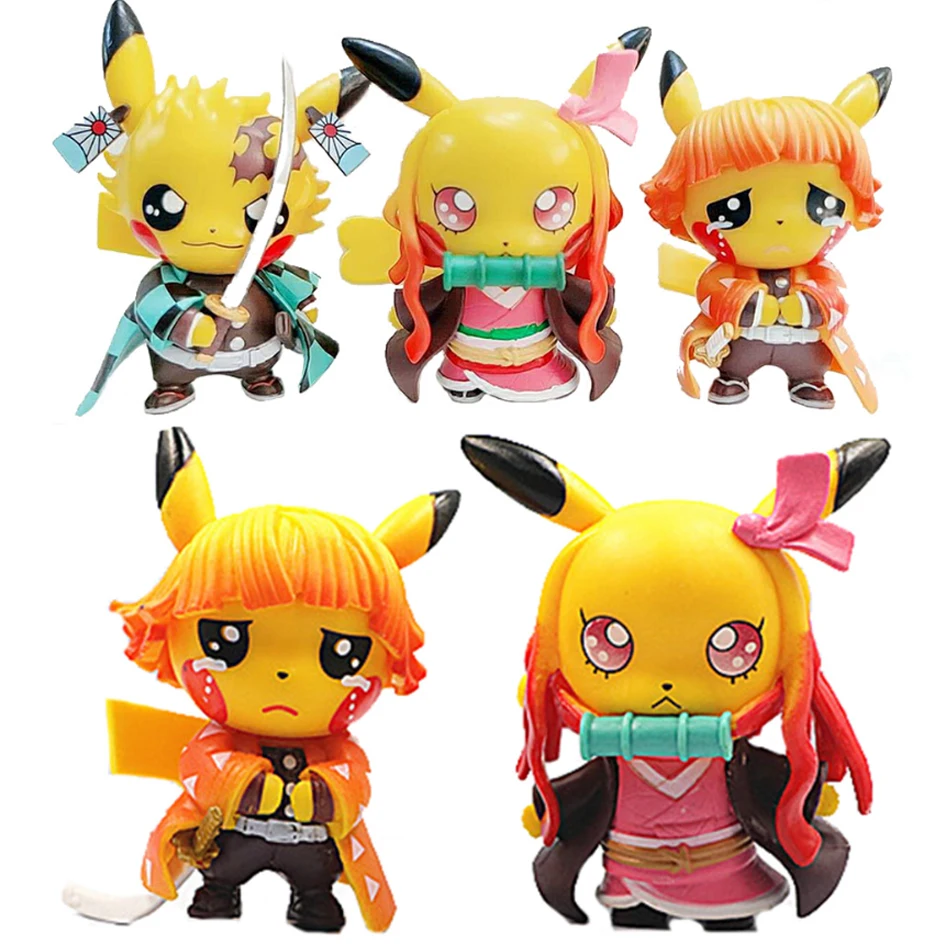 4pcs Anime Figure Set: Pikachu Cosplay Demon Slayer Characters PVC Collection Toys Kids Birthday Gift