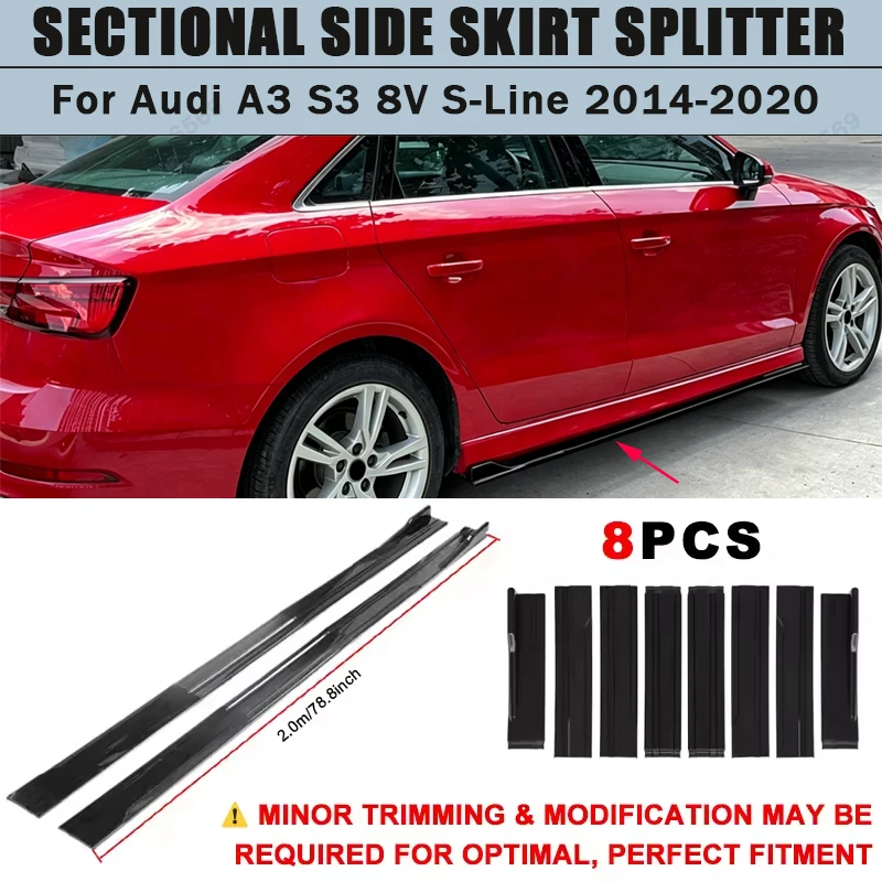 For Audi A3 S3 8V S-Line 2014-2020 Side Skirts Extension Rocker Panel Splitter 78.7" ABS Plastic Body Kit Tuning 2015 2016 2019