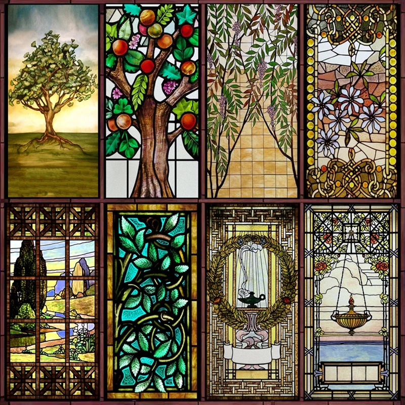 Custom Size Stained Glass Window Film,Frosted Privacy, Static Cling,Vintage Colorful Stickers, Bathroom, Office, Home Decor