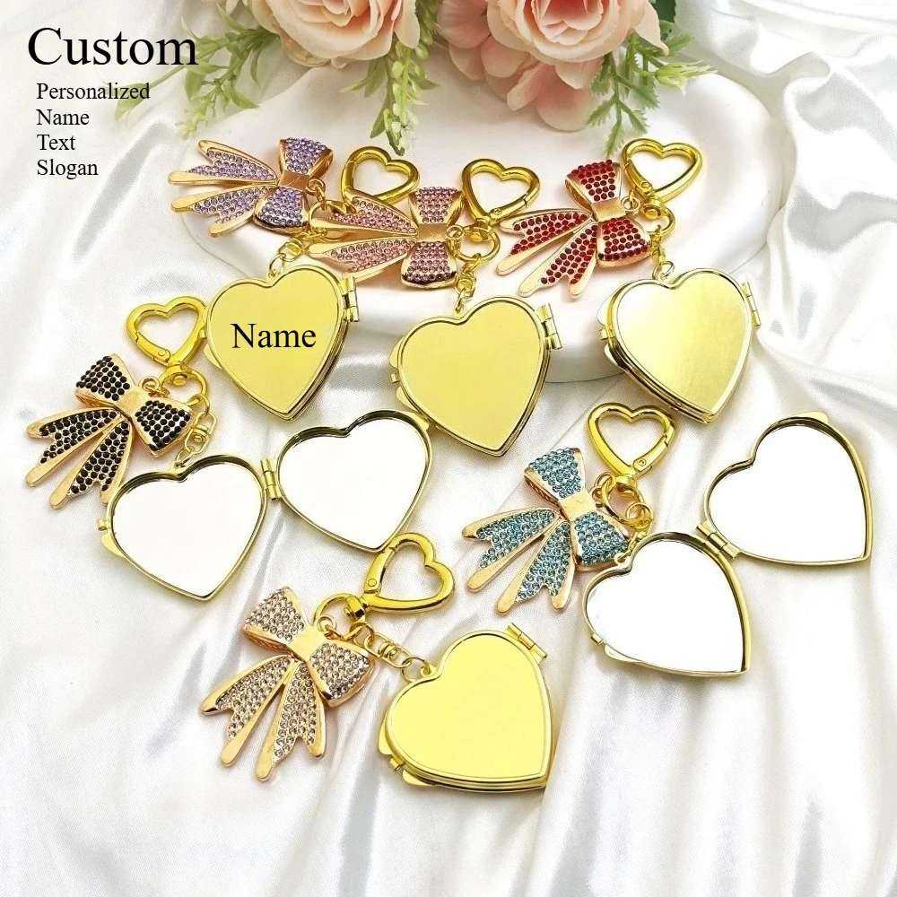 

Personalization Double Heart Mirror Metal Custom Car Keychain Bag Keyring Cute Bow Tie Creativity Earphone Cover Girl Gift