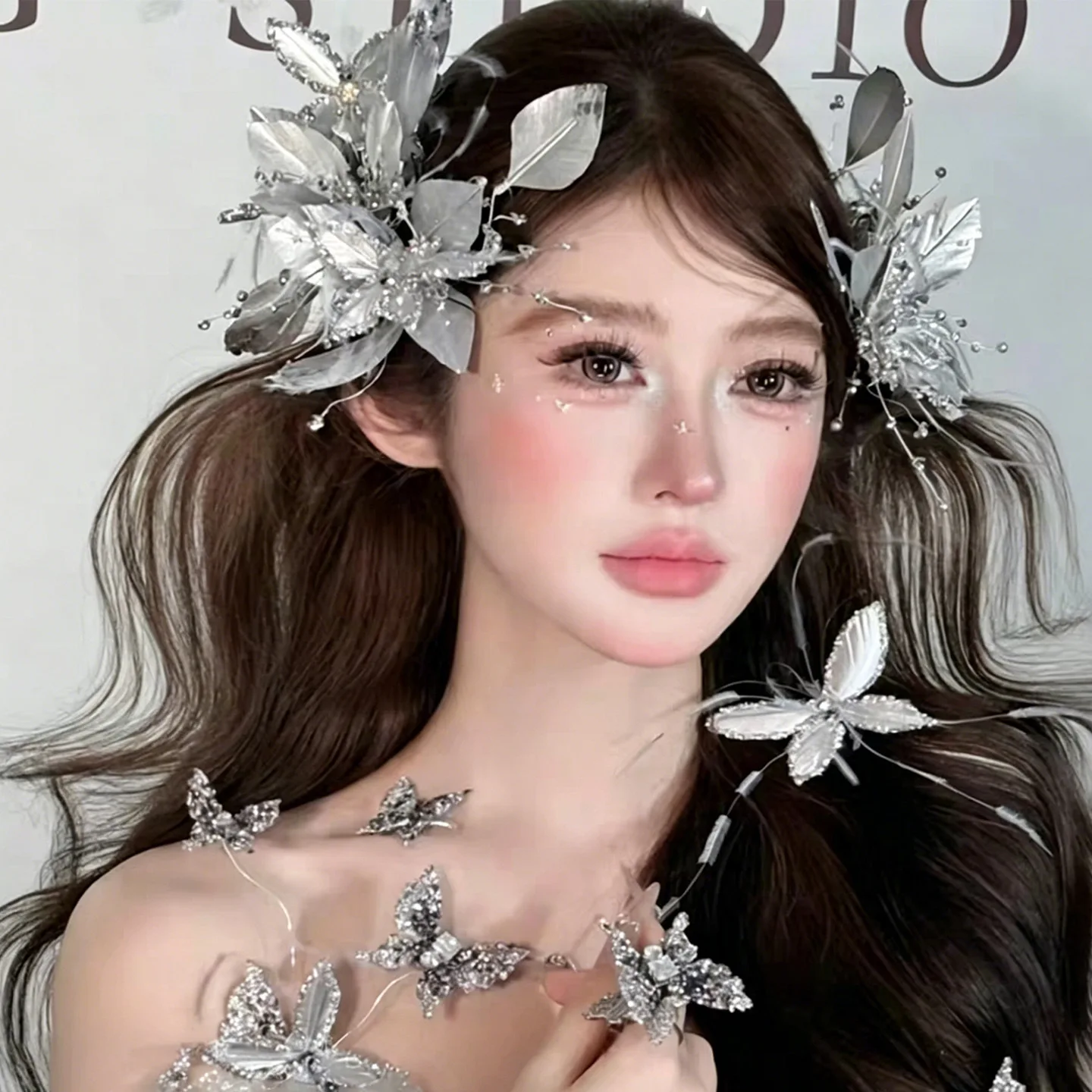 silver-gray feather crystal flower edge clip hairpin super fairy wedding hair accessories versatile bridal headgear