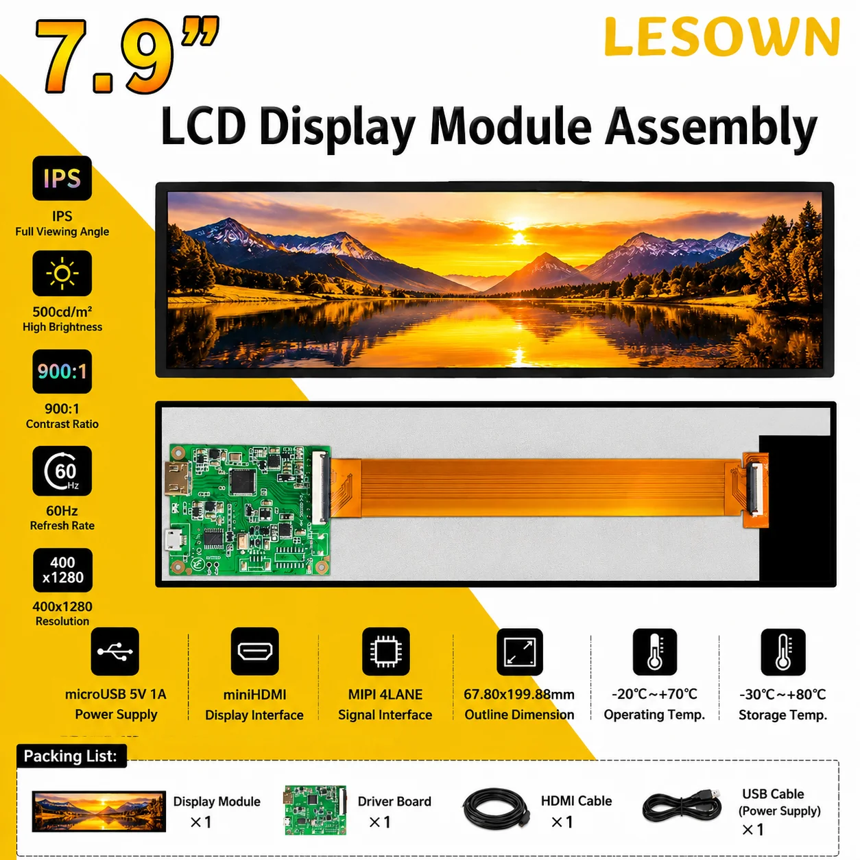 LESOWN 400x1280 Stretch Monitor System Ready-to-Use 7.9" Screen Assembly with MiniHDTV to MIPI Board