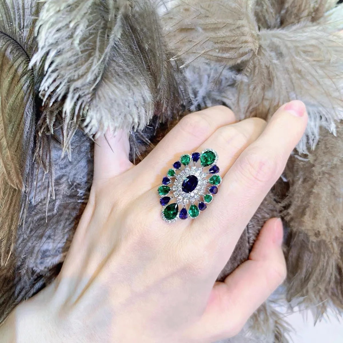 Retro Palace Style Emerald Blue Peacock rings for women 925 Silver Full Diamond engagement ring adjustable Wedding Jewelry Gift