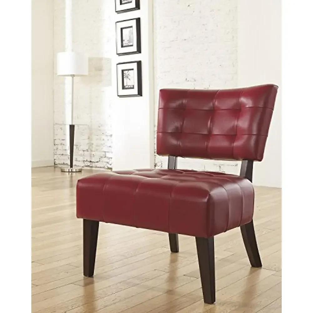 Leather Accent Chair Oversized Seating Wood Legs PU Red Tufted image 2