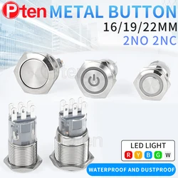 2NO2NC 16/19/22mm Wasserdichte Metall Push Button Switch LED Licht Momentary Auto Motor Power Schalter 3/6/12/24/220V silber 1NO1NC