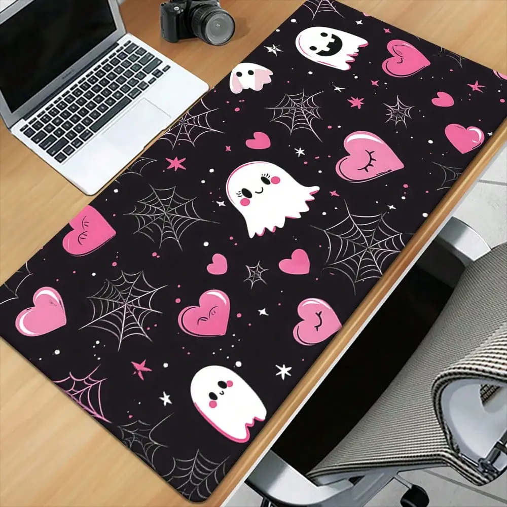 1pc XXL Large Pink & Black Gothic Suitable For PC Gaming Desk Mat With Non-Slip Rubber Base & Washable Surface - Cute Ghosts, Pink Hearts & Spiderweb Design Suitable For Computer, Laptop, Desktop - Perfect Gift For Gamers, Office Decor, 2D Flat