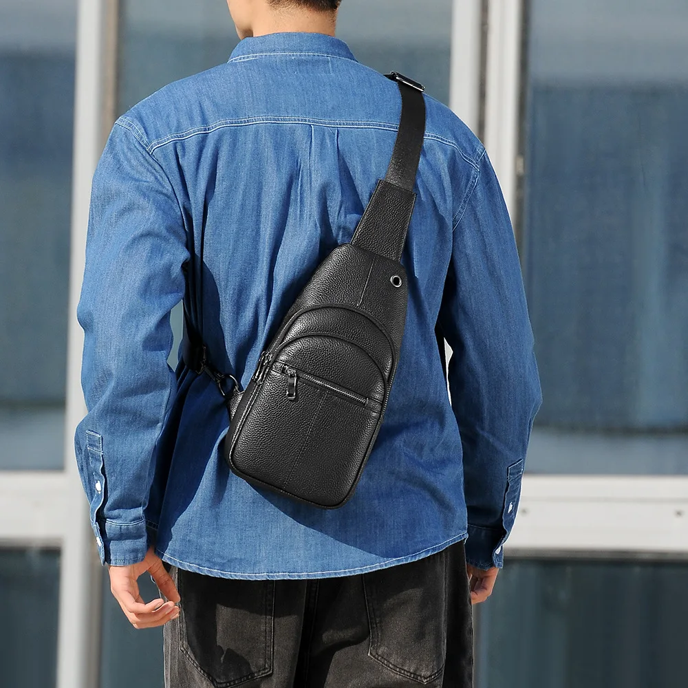 Men's chest bag cowhine simple casual one shoulder sling man portable diagonal cross backpack