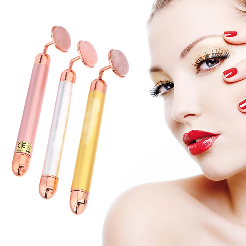 天然石ローズゴールド電動ローラーオリジナルアメジストクォーツ翡翠大周波数アイマッサージフェイスケアネックデトックス美容ツール