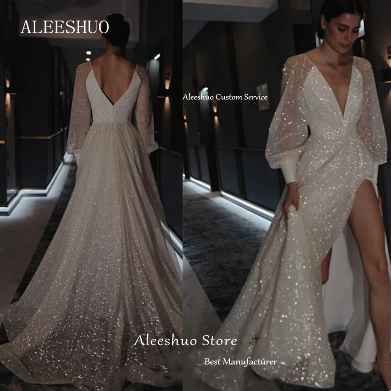 Aleeshuo elegante a-line maniche lunghe abiti da sera senza schienale abiti da festa con paillettes scollo a V spacco laterale Glitter abiti da ballo gonfi