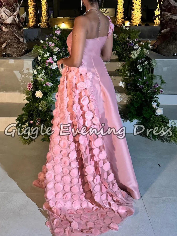 Robe de soirée saoudienne rose pour femmes, élégante robe de bal trapèze en Satin, asymétrique épaule dénudée, avec des appliques, pour Occasions spéciales, personnalisée