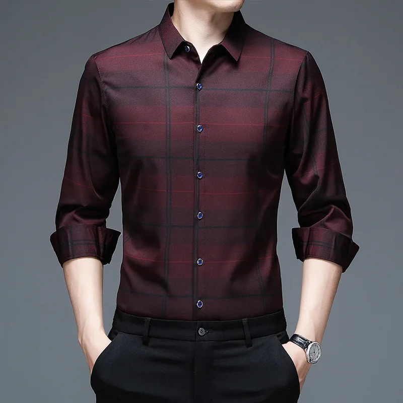 2023Spring Autumn Men Plaid Print Lapel Single Breasted Shirts Korean Fashion Long Sleeve Tops Business Casual Camisas De Hombre