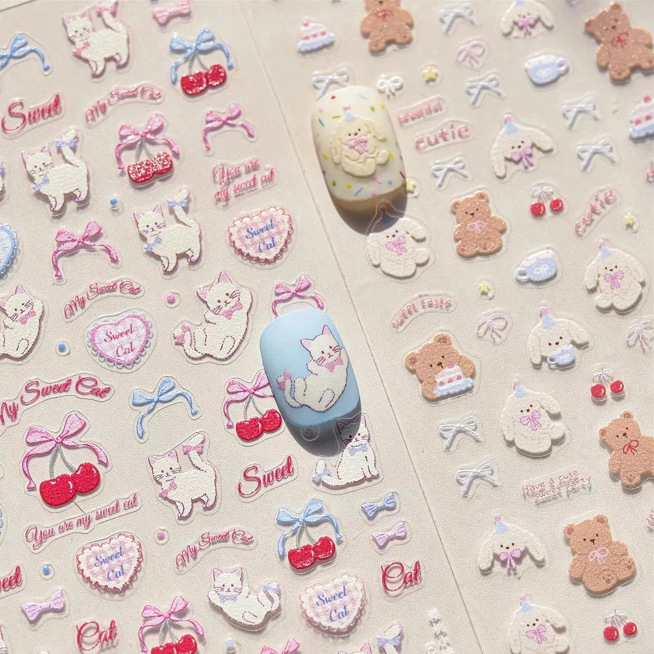 

Sweet Cat Bear Dog Puppy Cherry Cup Star Cake Party Daily Life Kitten Self Adhesive Nail Art Stickers Rhinestone Manicure Decals