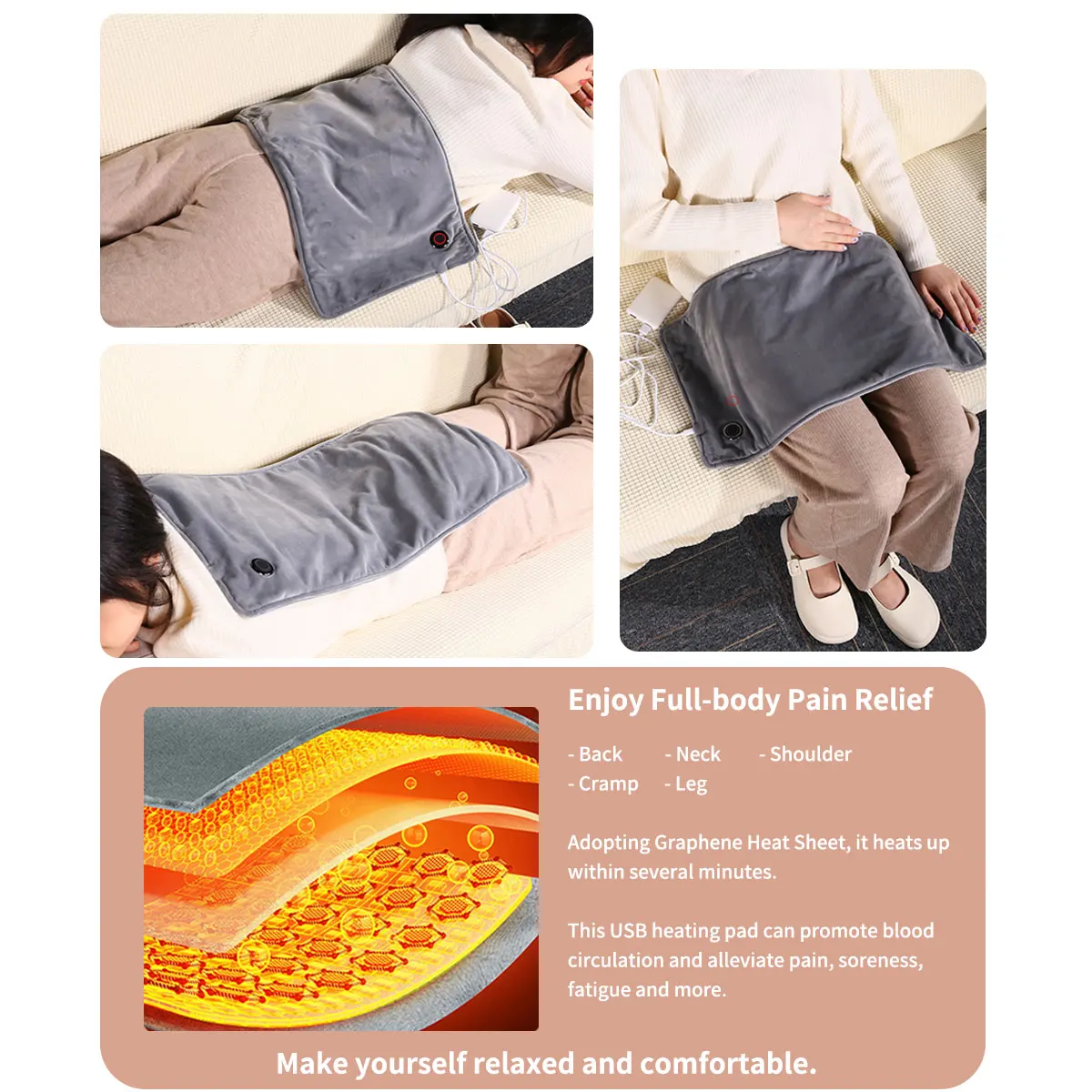 USB 5V Heating pads for Cramps & Back Pain Relief with 3 Heat Setting,Body Heat Pad with Auto Shut Off,23.6*11.8 Inch,Grey