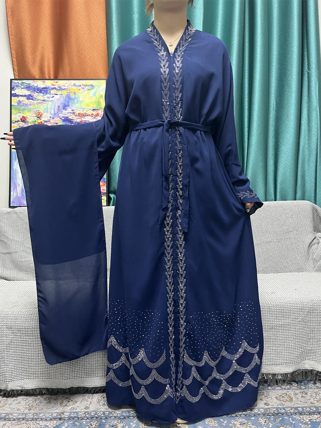 Open Abayas For Women Dubai Islam Muslim Zipper Diamond Inlaid Solid Color synthetic Royal Chiffon Loose Fit Robe With Headscarf