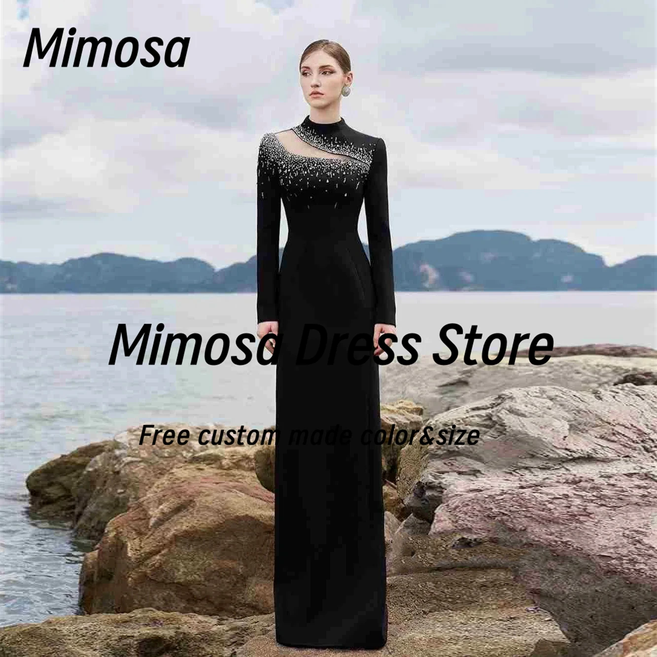 

Платье Mimosa на заказ, вечерние платья с высоким воротником и бисером, с длинными рукавами, для выпускного вечера, для женщин носят платья-футляры по индивидуальному заказу
