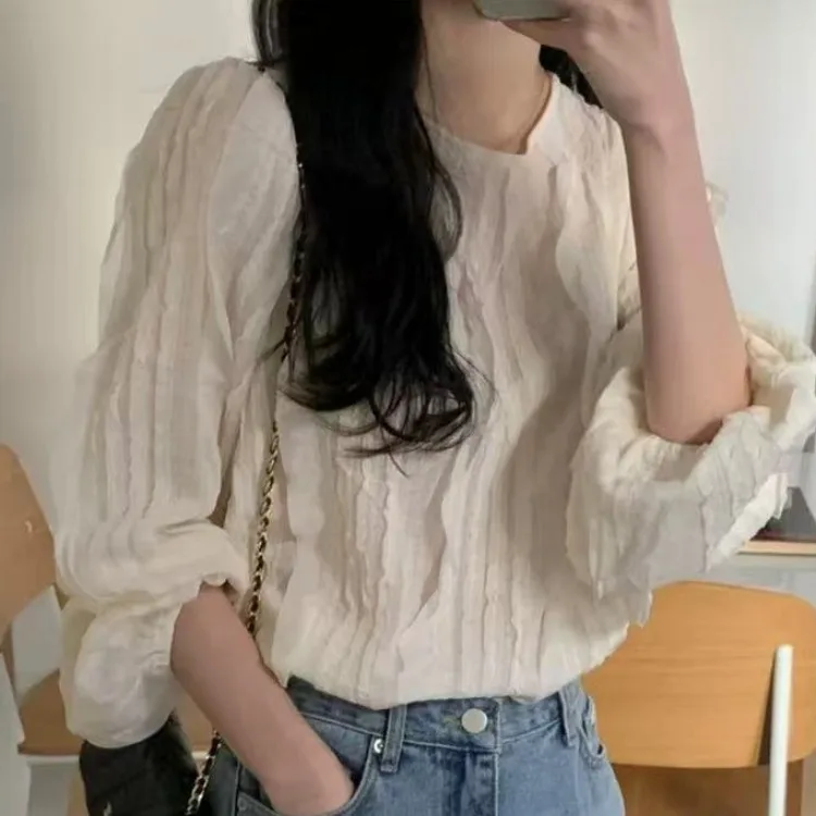 엘레 빈티지 롱 스웨트 여성용 레이스 트림 세로 스트라이프 디자인 감각적 연령 감소 시크 슬레 출퇴근용 적합