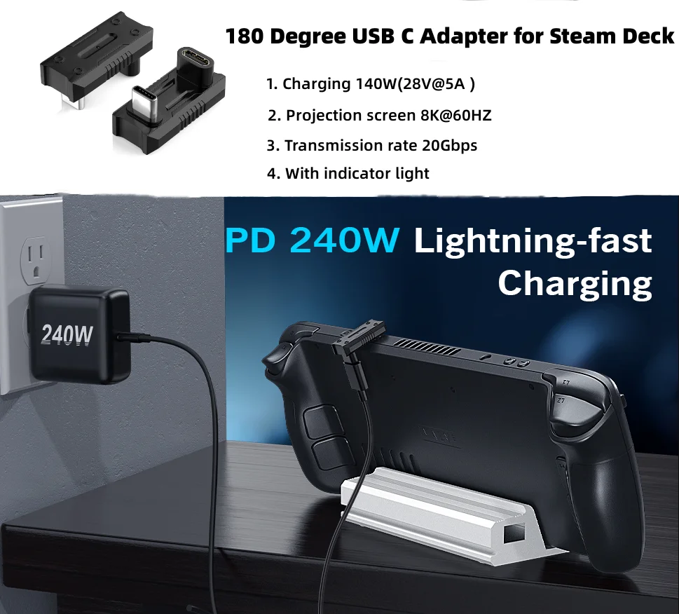 180 Degree USB C Adapter for Steam Deck, U Shape USB-C Male to USB-C Female Connector with PD 240W/20 Gbps/8K for Steam Deck