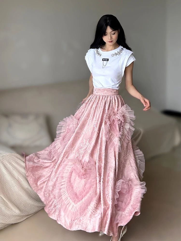 TIYIHAILEY Satynowa Różowa Elastyczna Talia XS-XL Linia A Kwiaty Damskie Wysokiej Jakości Wiosna Jesień 2025 Nowe Modne Spódnice