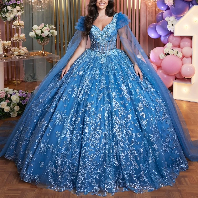 

Блестящие небесно-голубые платья Quinceanera с открытыми плечами, аппликация из блесток, кружевные бусины, бальное платье с кристаллами, милое женское платье 16 дюймов