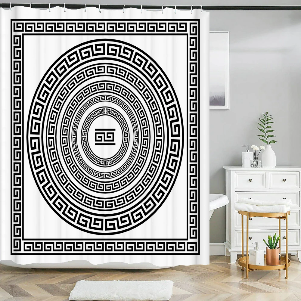 Ethnic Greek style Shower Curtains Waterpoof Bathroom Curtain Traditional Meander Border Bath Curtain Set Bath Mats Rug Decor