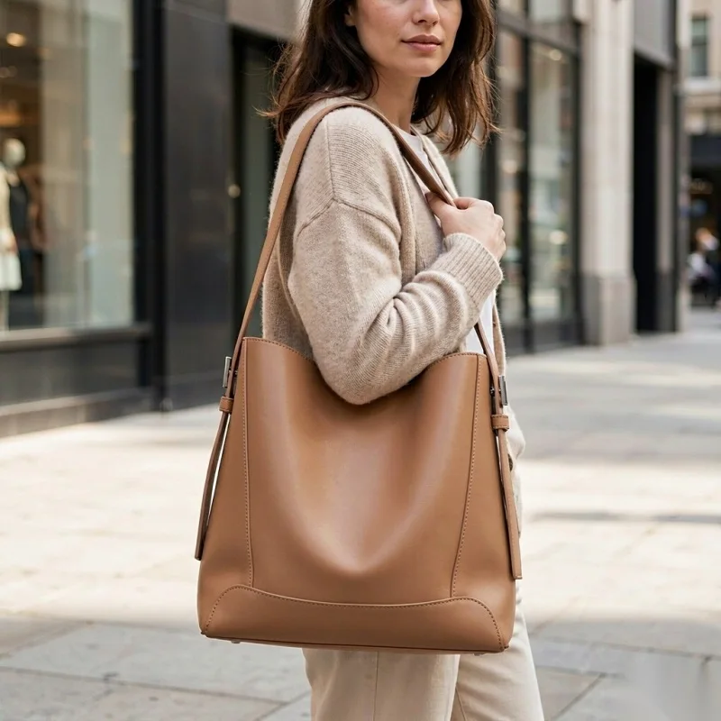 Women Soft Cowhide Shoulder Tote Bag Large Capacity Slouchy Ladies Daily Commute Handbag Female Genuine Leather Shopper 2026