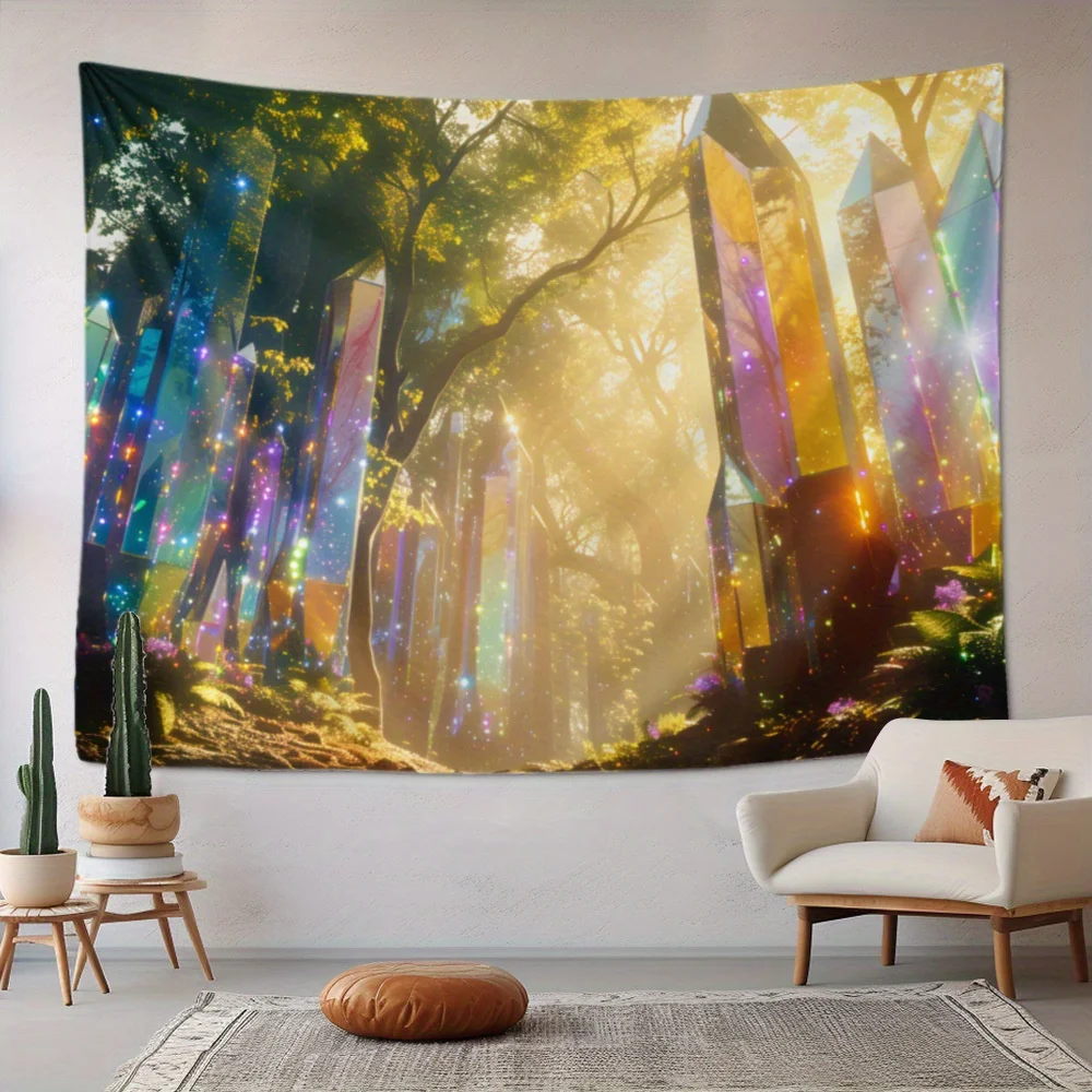

Зачарованный лесной гобелен: сцена с подсолнухом и хрустальными деревьями, волшебный декор стен — современный дизайн для уютной домашней атмосферы