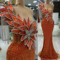 Orange Arabic Evening Dresses Woman Elegant Aso Ebi Crystals Mermaid Prom Dress Tassel Crystals Long Engagement Gowns For Party