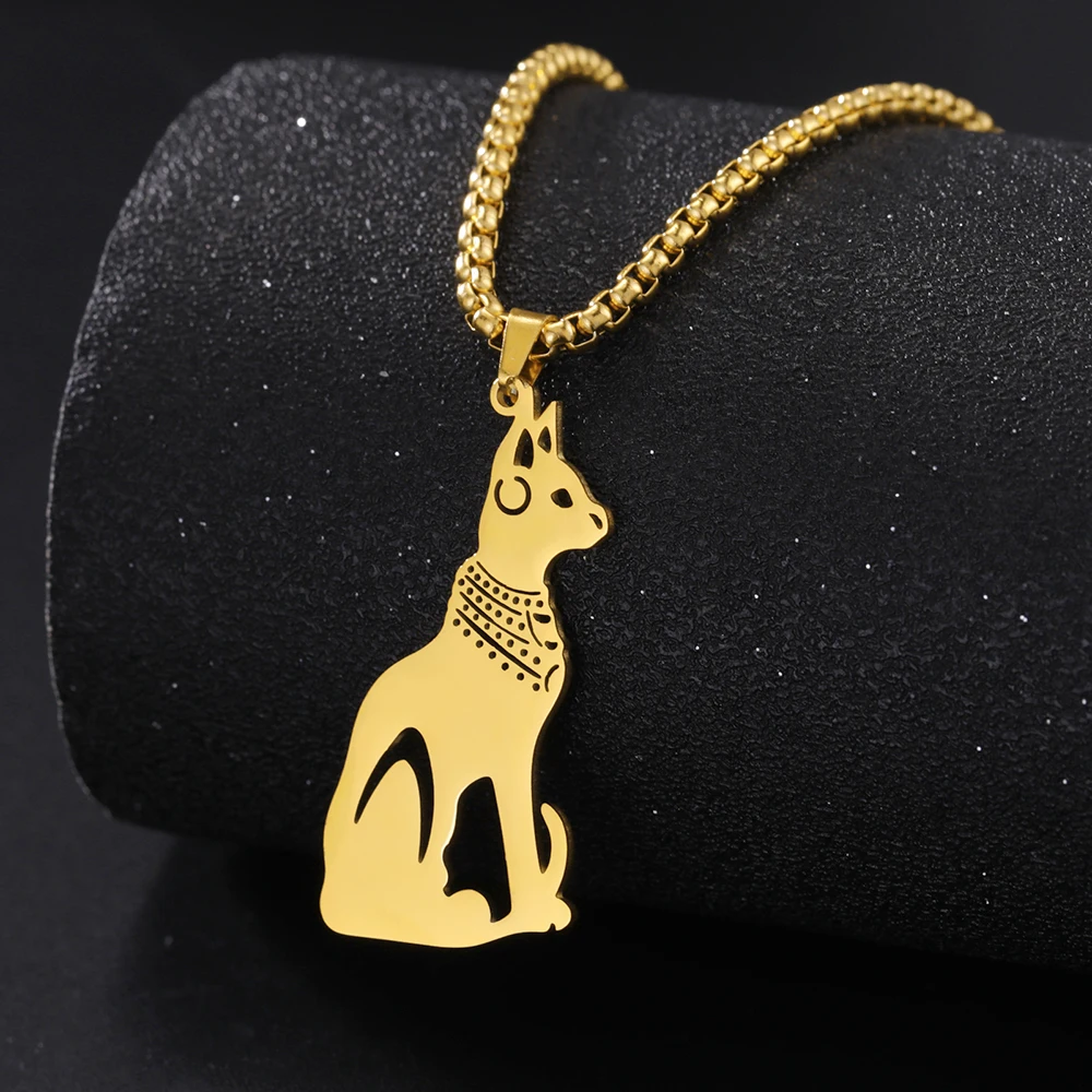 LIKGREAT Anubis Dog Cat Ancient Egyptian Ankh Cross Pendant Necklace Stainless Steel Men Goddess Cat Bastet Eye of Horus Amulet