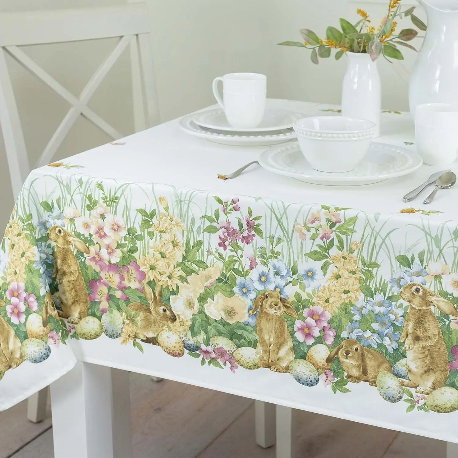 Blooming Bunnies Eggs Easter Tablecloth Spillproof Indoor Outdoor Party Spring Seasonal Table Cloth Home Kitchen Dining Decor