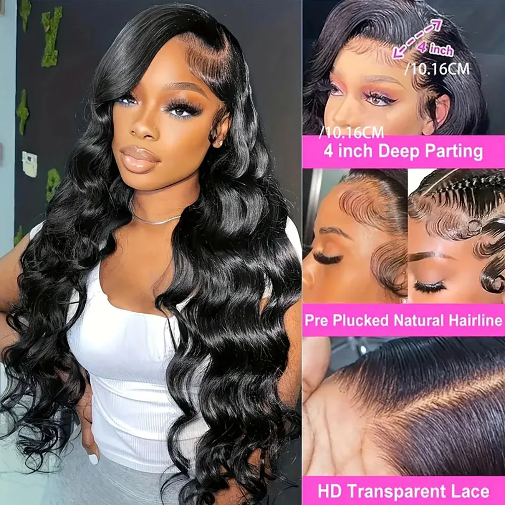 Peruki Body Wave z ludzkich włosów o gęstości 200%, peruki typu lace front 13x4, wstępnie wyskubane peruki dla kobiet, naturalny kolor.
