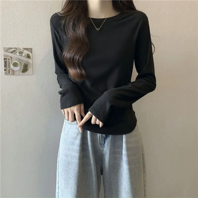 Arc Irregular Round Neck Bottoming American Long-Sleeved Women'S T-Shirt Inner Top 2024 Autumn And Winter New Clothes