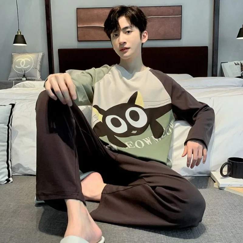 

2024 New Pajamas Men's Long Sleeve Cotton Spring Autumn Sleepwear Teen Cartoon Student Homewear Thin Round Collar Loungewear Set