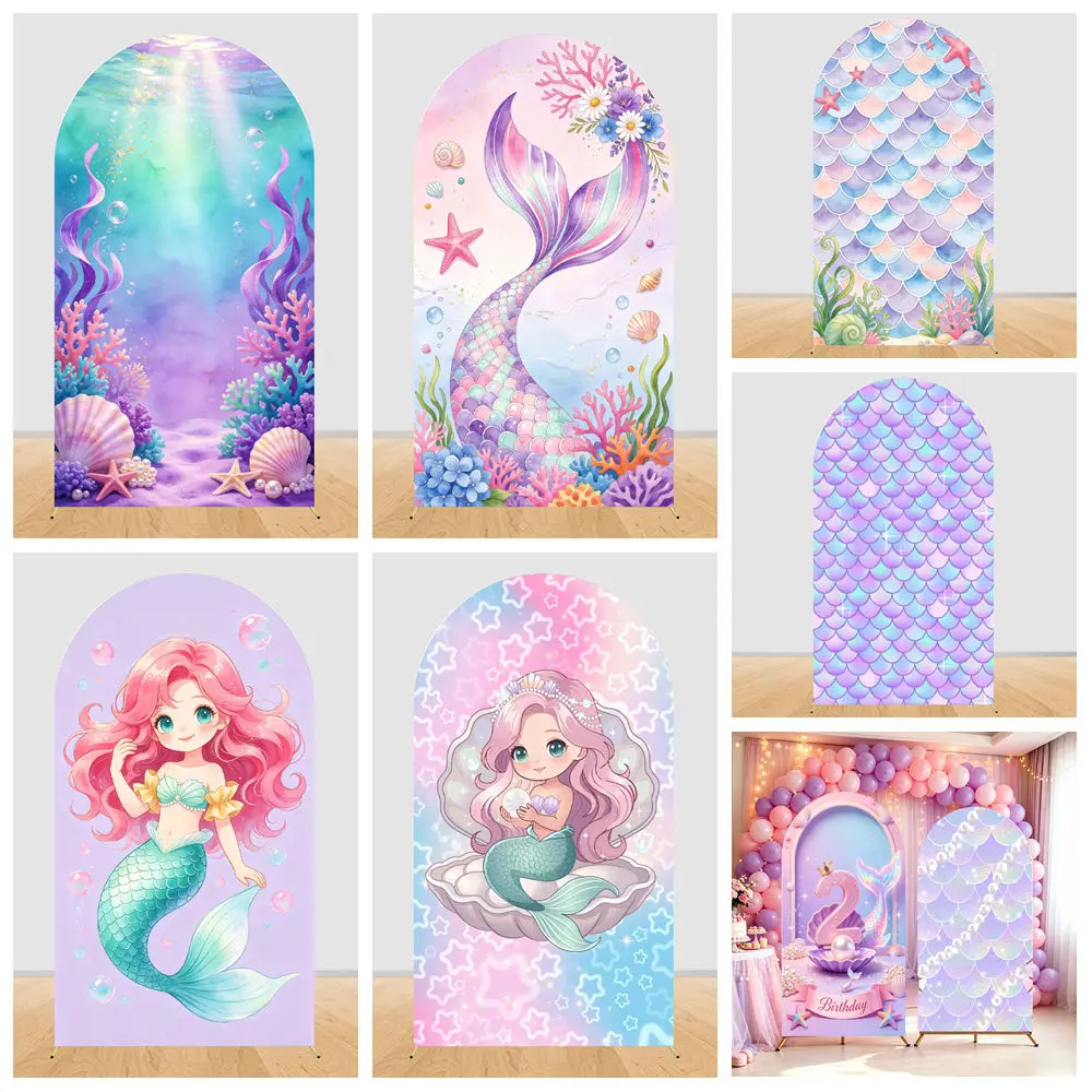 Mermaid Princess Arch Backdrop Cover Underwater Ocean Seaweed Shell Baby Shower Girls Birthday Party Decoration Photo Background