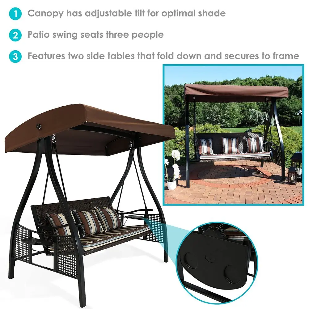 

3Seat Patio Swing with Steel Frame and Canopy 600Pound Weight Capacity Brown Stripe Cushions