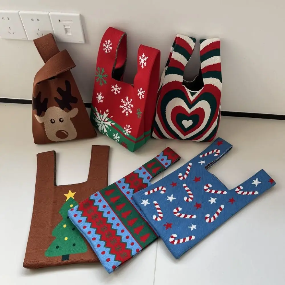 

Gift Polyester Women Christmas Knit Bag Christmas Tree Reusable Handmade Knit Handbag Snowman Knot Wrist Bag