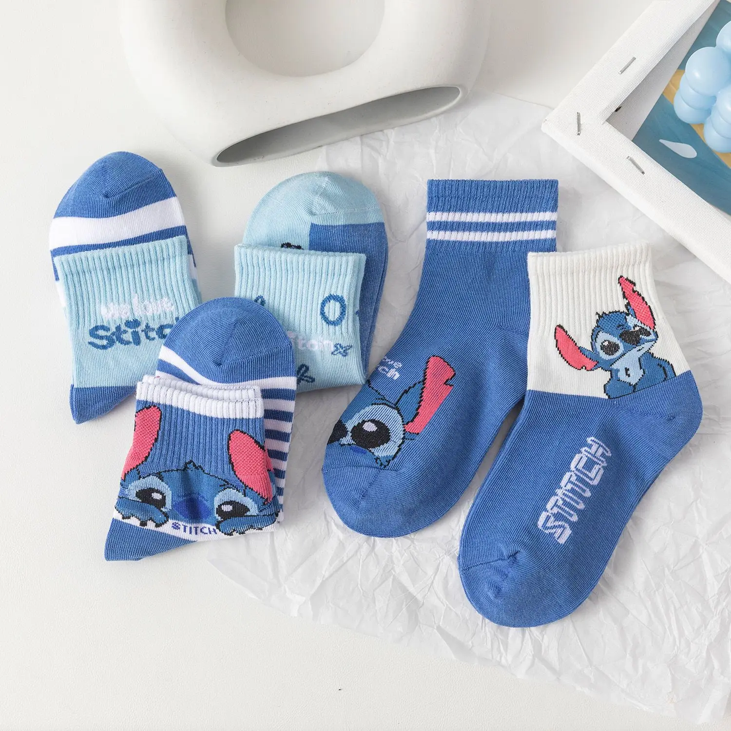 5Pairs Stitch Cotton Socks Sanrio New Girls Breathable cartoon Cute Boat Women\'s Sock Combed Cotton Women\'s Boat Socks