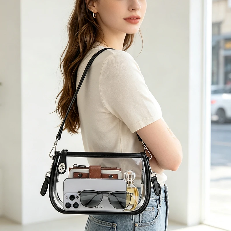 Transparente PVC-Schultertasche mit verstellbarem Riemen, wasserdichte Damen-Handtasche, vielseitige Freizeittasche, Reißverschluss, leichtgewichtig – Detail 7