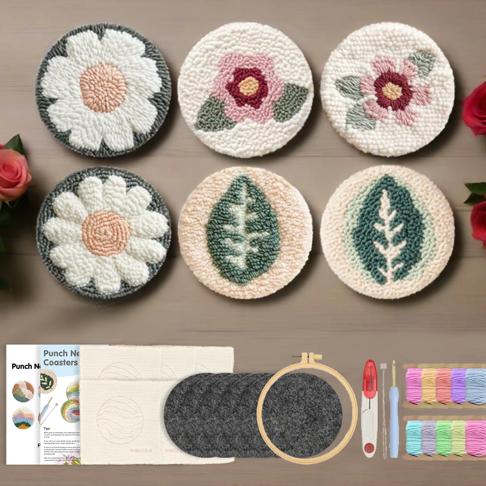 

GATYZTORY Flowers Leaves Punch Needle Coaster Set Beginner Needle Art For Embroidery Yarn painting Kit Wool DIY Craft Coaster
