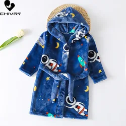 New Autumn Winter Kids Hooded Soft Flannel Bathrobe Baby Bath Robes Boys Girls Cute Cartoon Bear Pajamas Long Sleeve Towel Robe