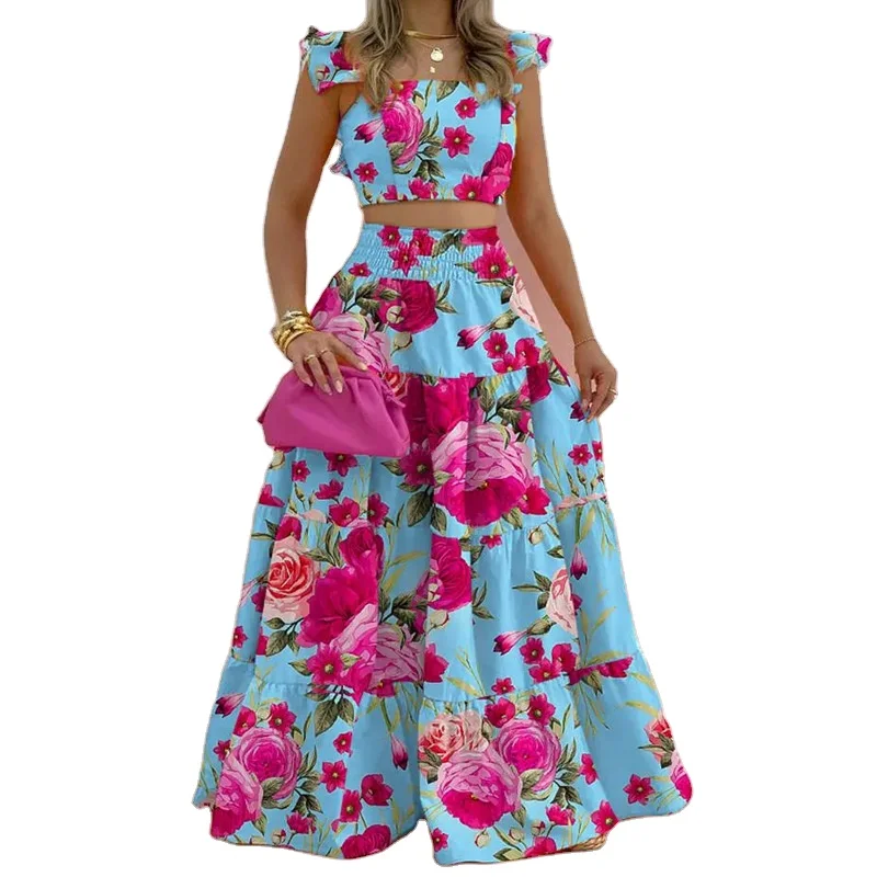 

Women's Elegant Floral Solid Color 2-Piece Set Crop Top Mid-Waist Flying Sleeve Skirt Spring/Summer Breathable Fashion Commuters