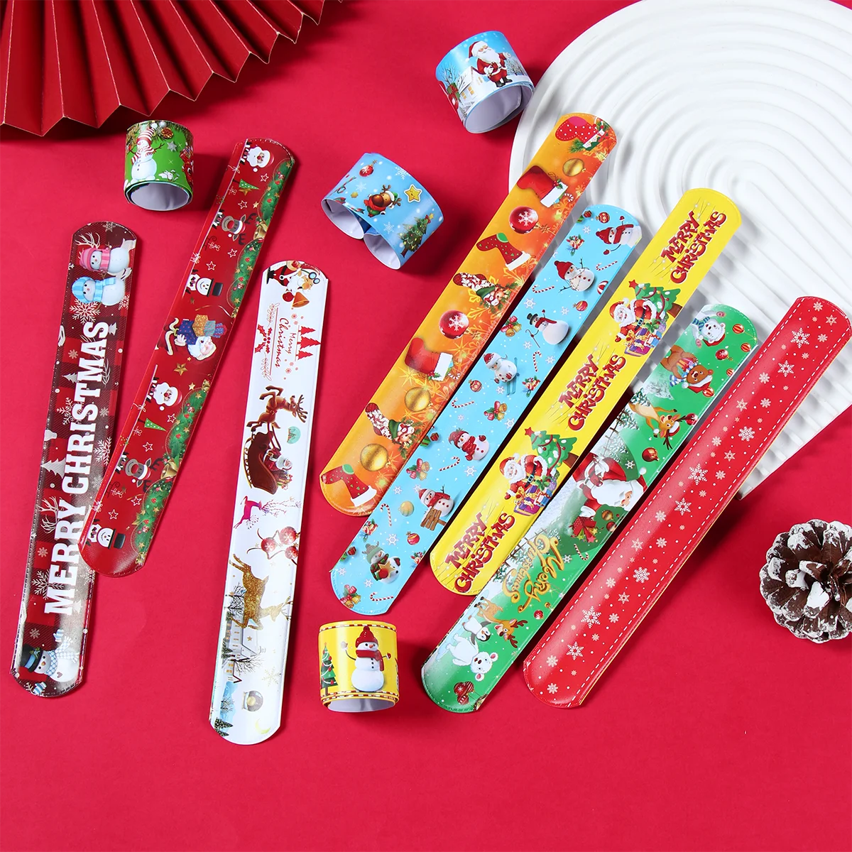 12pcs Christmas Slap Bracelets Santa Claus Snowman Elk Tree Printed Colorful PVC Wristband Child Kids Gifts Xmas Party Supplies