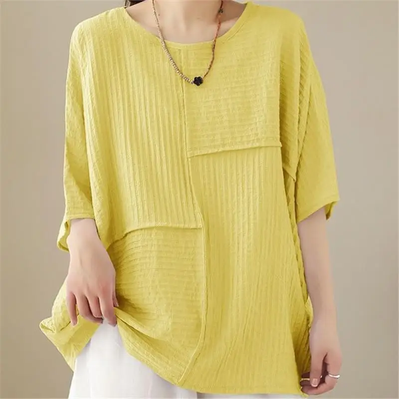 plus Size Summer Women's T-Shirt Loose Batwing Sleeve Patchwork Pure Color Slimming Belly Covering Meat Concealing Top
