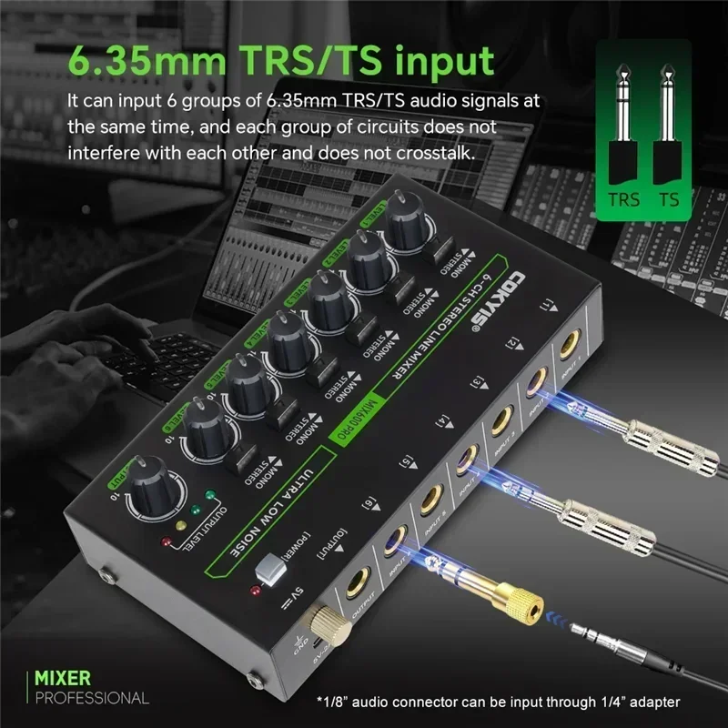 6 Channel Audio Mixer Low Noise Stereo Mono Line Mixer 6.35mm TRS/TS Input DC5V Audio Processor for Guitar Bass Keyboard Stage
