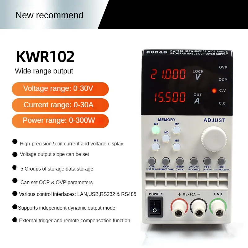 

KWR103 60V15A300W KWR102 30V30A300WWide range DC power supply high precision 5-bit current and voltage display with data storage