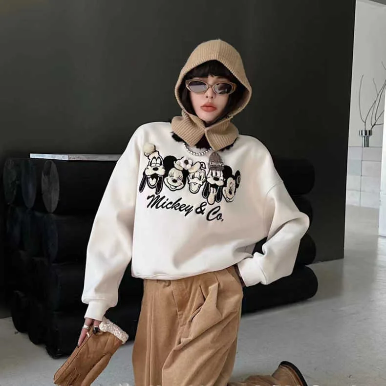 Disney Mickey Minnie Hoodie Cartoon Donald Duck Embroidery Flocking Pullovers Losse Thicken Sweatshirts Women Streetwear Tops