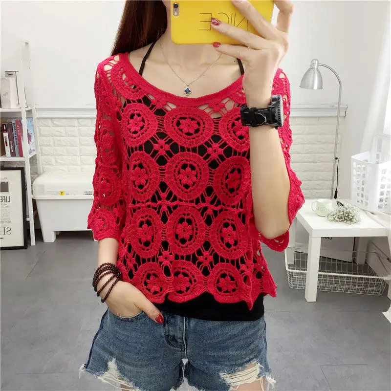 Lace Top Women\'s Short Hollow Knitted Blouse New Loose Spring and Summer Round Neck Five-point Sleeve Handmade Sweater Female