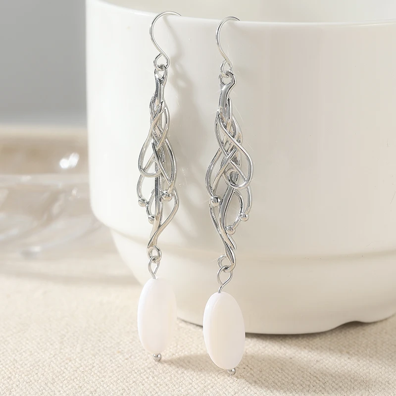 Classical Fashion Silver Color Long Dangle Earrings Inlay Synthetic Opal Stone Earrings For Women Daily Party Jewelry Gifts