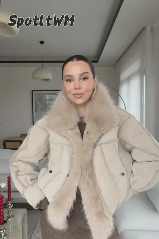 Women's Solid Color Loose Faux Fur Patchwork Jacket Casual Lapel Long Sleeved Coats 2026 Autumn Chic Lady Street Daily Outfit