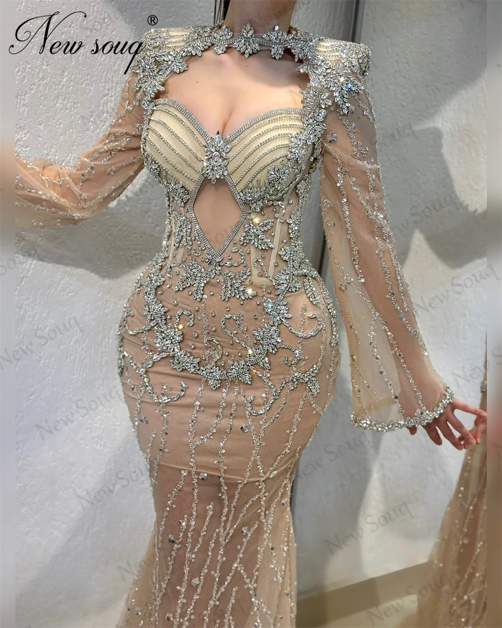 Robe de Soirée Sirène Champagne sur Mesure à Manches sulf, Tenue de Soirée Citrococktail, Dubaï, Arabe